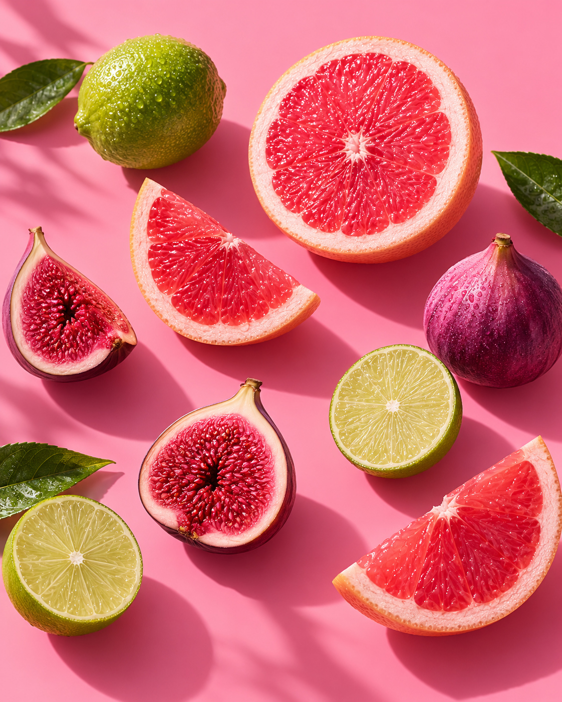 Grejpfruty, limonki i figi na intensywnie różowym tle